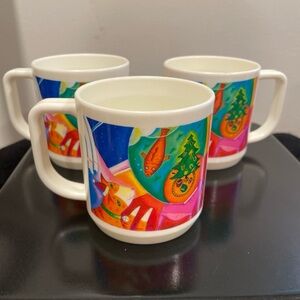 Vintage Neiman Marcus Christmas Holiday Cat & Aquarium Plastic Cup Set of Three
